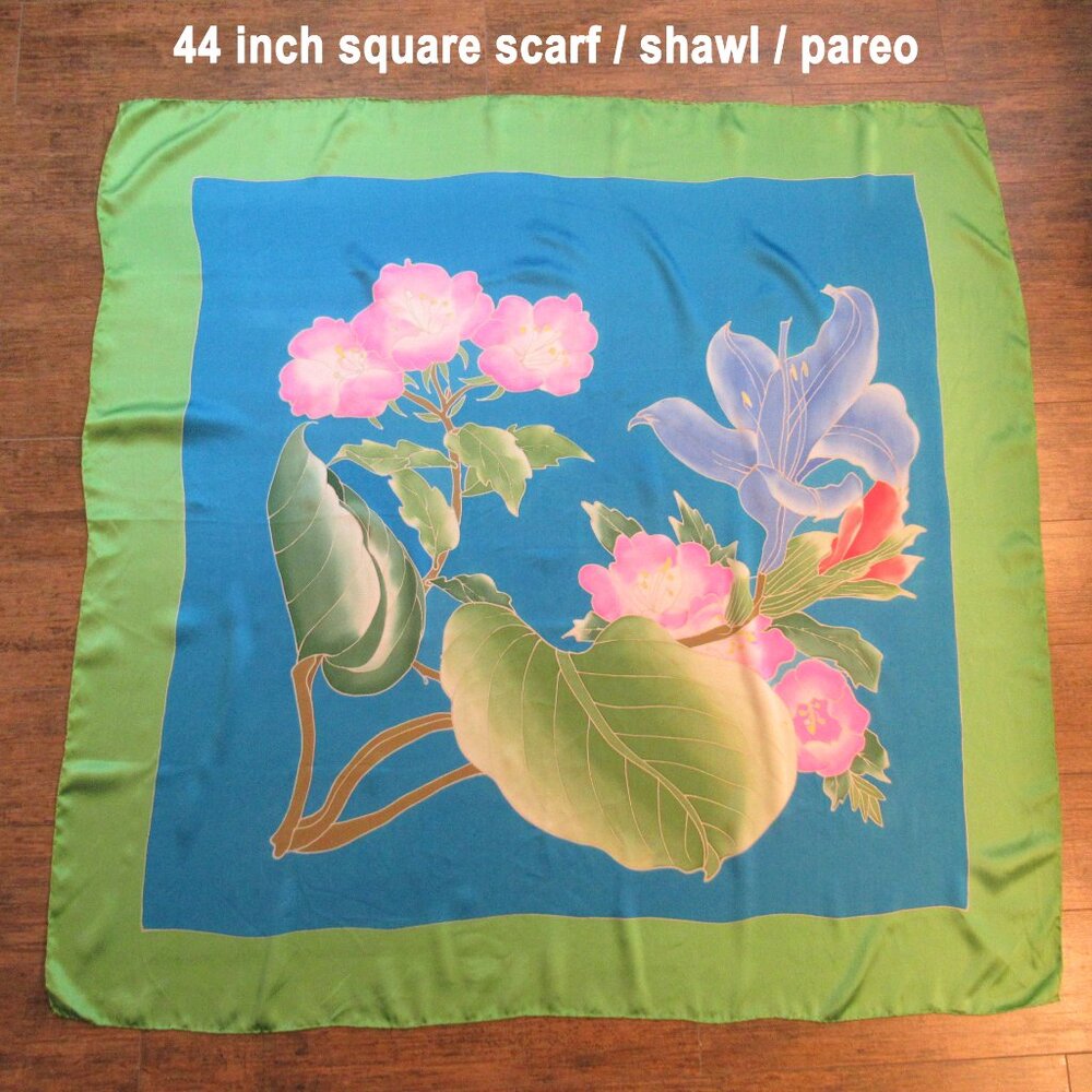 Tropical print 44 inch Scarf / Pareo / Shawl, Green, teal, pink blue floral